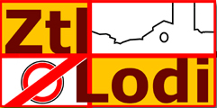 Il logo ZTL. Un rettangolo diviso in quattro parti: in alto a destra un profilo stilizzato della citt� di Lodi, in basso a destra la scritta Lodi,in basso a sinistra un simbolo di divieto di transito, in alto a sinistra la scritta ZTL 