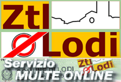 Il logo ZTL-MULTEONLINE. Un rettangolo diviso in quattro parti: in alto a destra un profilo stilizzato della citt� di Lodi, in basso a destra la scritta Lodi,in basso a sinistra un simbolo di divieto di transito, in alto a sinistra la scritta ZTL 