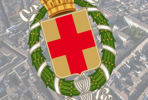 lo stemma di lodi con sfondo una vista dall'alto della piazza