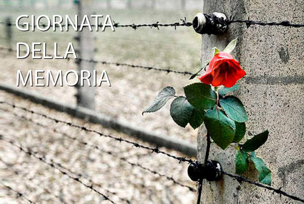 la scritta giornata della memoria, un fiore sul filo spinato