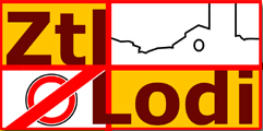 Il logo ZTL. Un rettangolo diviso in quattro parti: in alto a destra un profilo stilizzato della città di Lodi, in basso a destra la scritta Lodi,in basso a sinistra un simbolo di divieto di transito, in alto a sinistra la scritta ZTL 