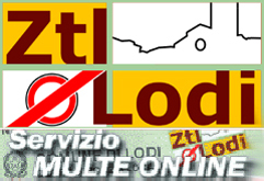 Il logo ZTL-MULTEONLINE. Un rettangolo diviso in quattro parti: in alto a destra un profilo stilizzato della città di Lodi, in basso a destra la scritta Lodi,in basso a sinistra un simbolo di divieto di transito, in alto a sinistra la scritta ZTL 