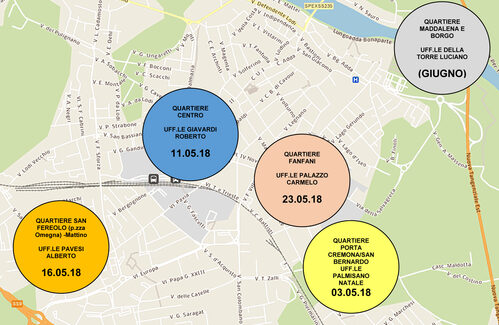 mappa della città con le date e i luoghi dei presidi nel mese di maggio