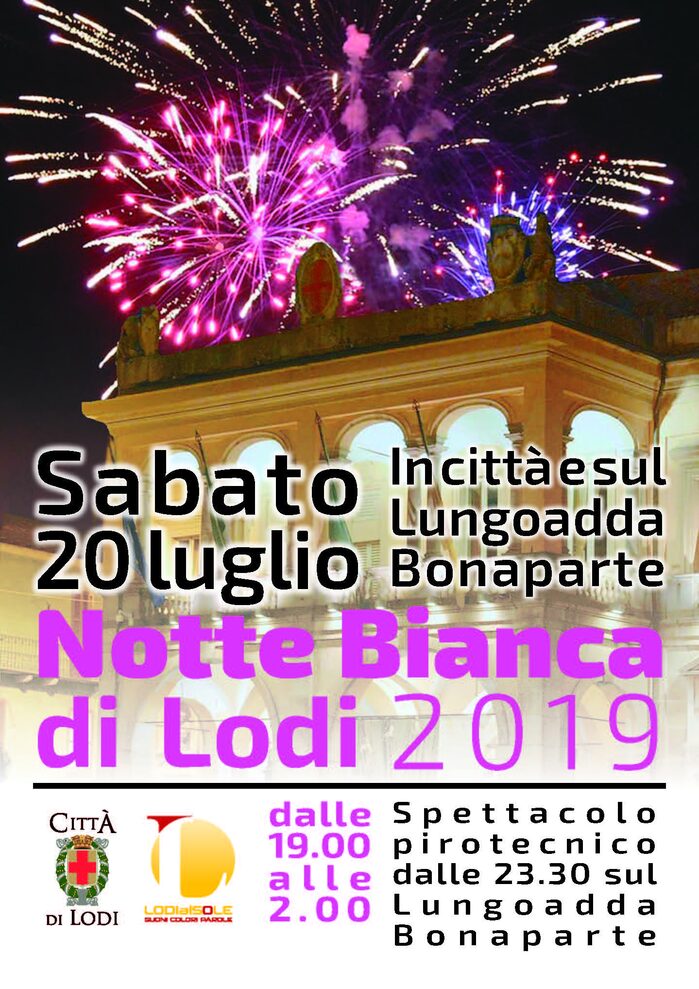 Pagina del libretto di Lodi al Sole dedicata alla notte bianca, con location, date e orari