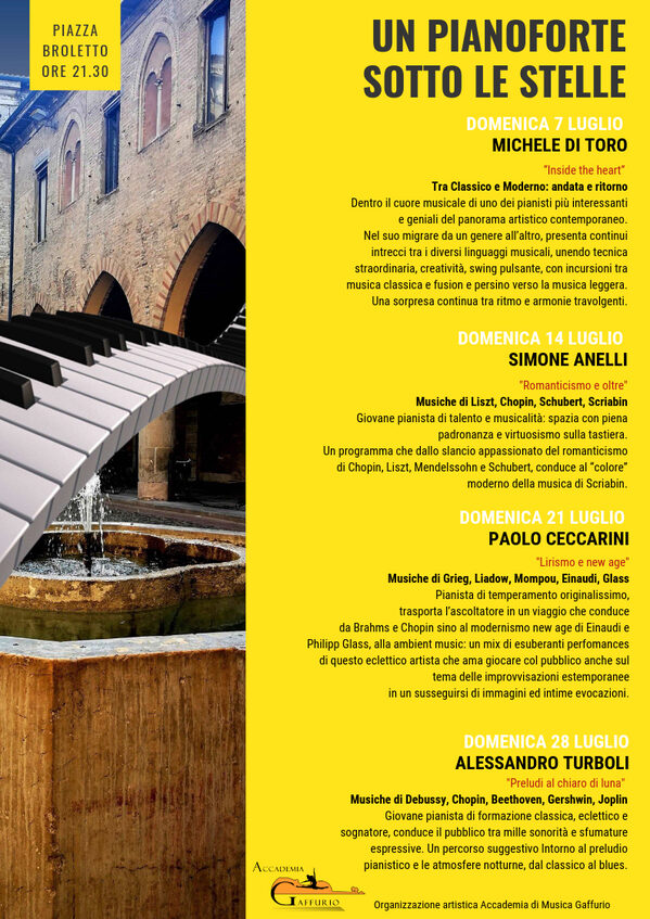 Pagina del libretto di Lodi al Sole dedicata al "Pianoforte sotto le stelle" con i 4 appuntamenti