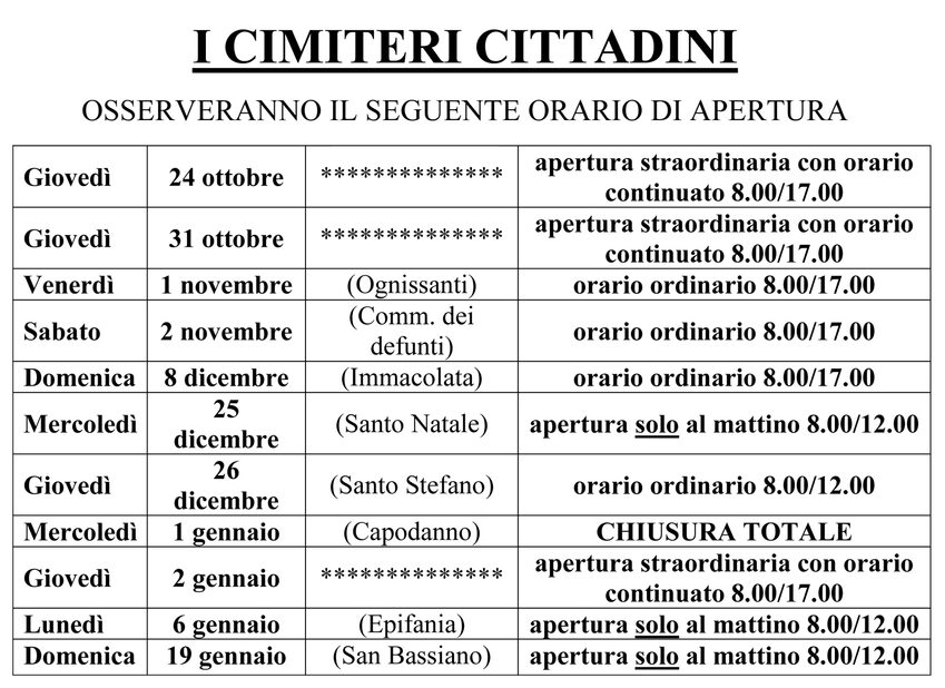 Orari di apertura dei cimiteri cittadini da novembre 2019 a gennaio 2020