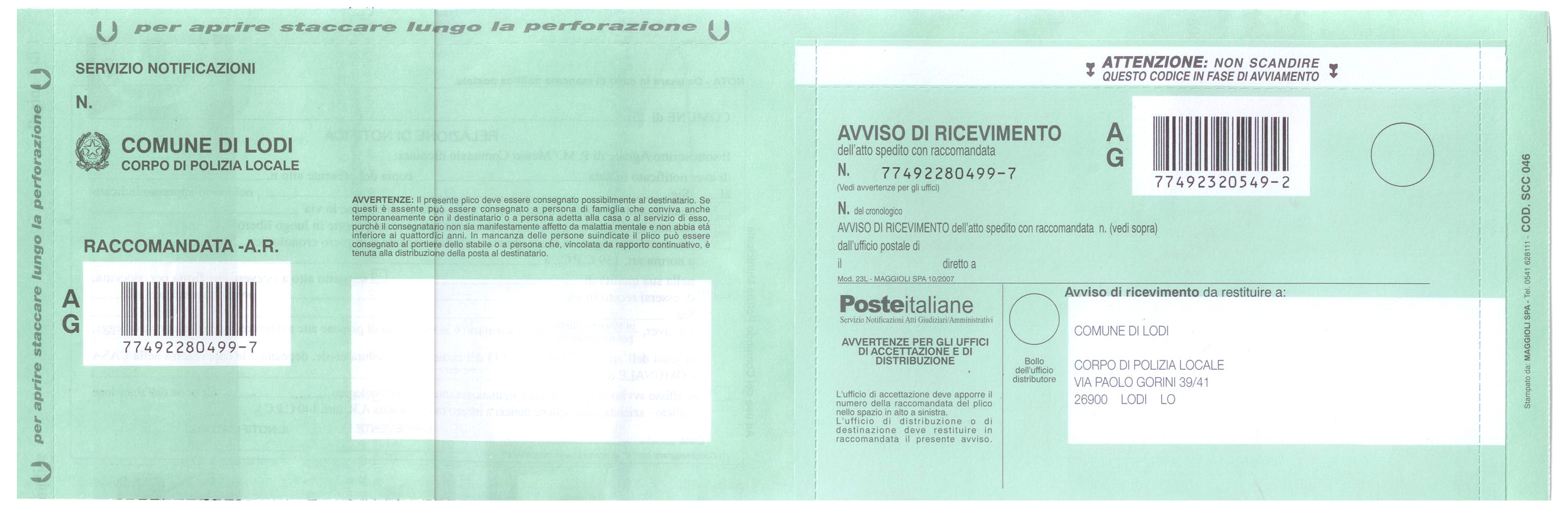 fac simile dell'avviso di ricevimento della multa